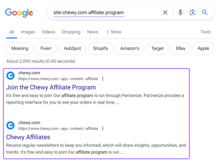 Google's SERP for “site:chewy.com affiliate program" query