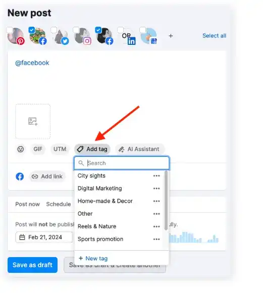 Social Poster new post with Add tag feature and suggestions for Facebook