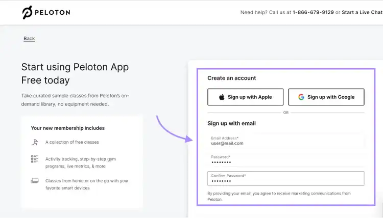 "Create an account" form on Peloton's website