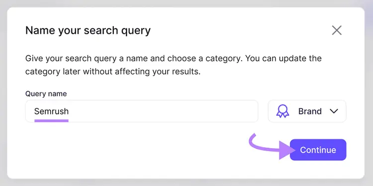 Semrush Brand Monitoring setup with a query named Semrush and Brand selected as the category