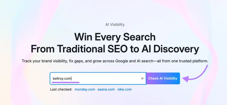 AI Visibility landing page with bellroy.com entered and “Check AI Visibility” button highlighted.