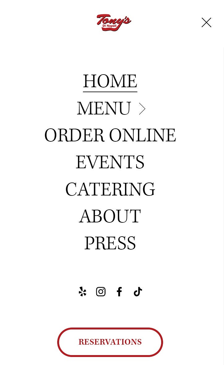 Tony's Di Napoli mobile hamburger menu.