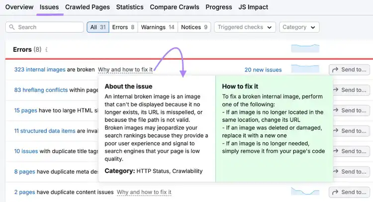The "Issues" tab on Site Audit showing a list of errors along with "Why and how to fix it" next to an issue clicked.