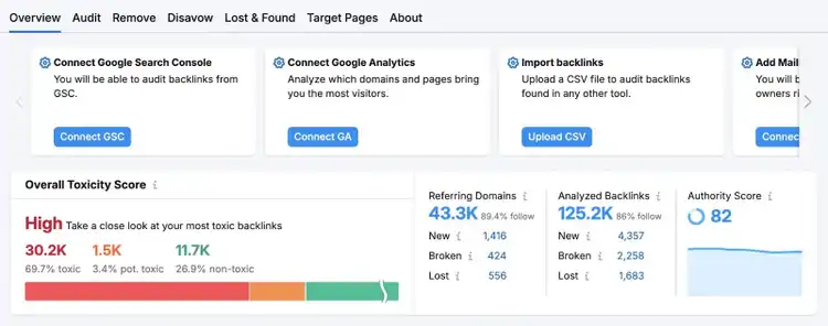 Backlink Audit overview report showing metrics like toxicity score, referring domains, total backlinks, etc.