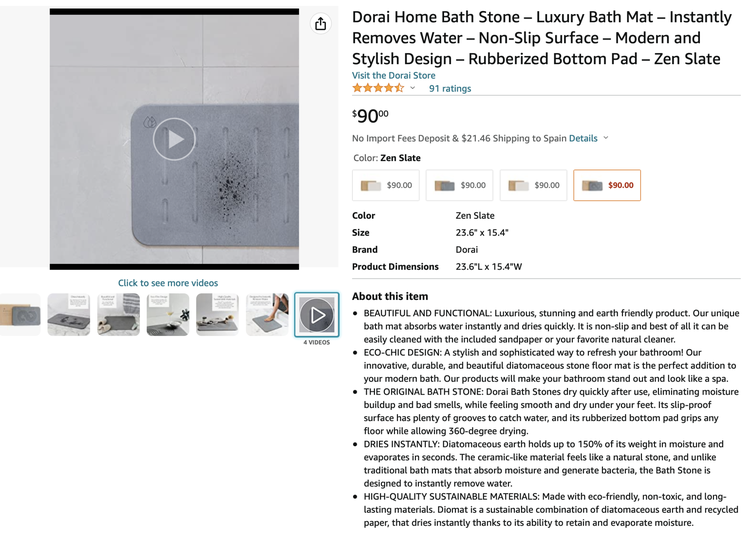 Dorai bath mat on Amazon with 91 five-star ratings, $90.90 price, eco-friendly