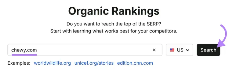 Semrush Organic Rankings search field with chewy.com entered and the Search button highlighted