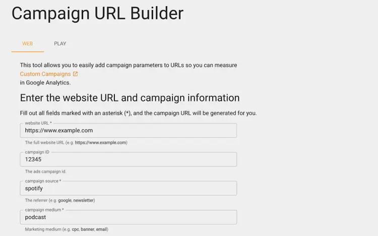 Campaign URL Builder tool has fields for campaign ID, campaign source, campaign medium, and more.