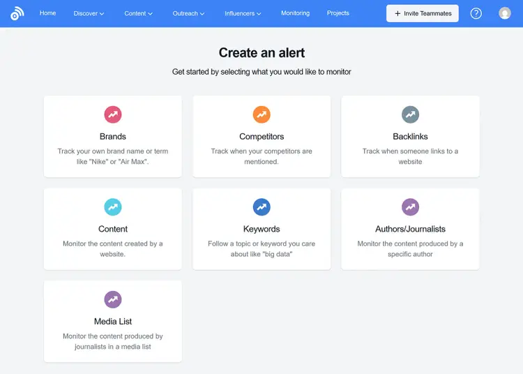 BuzzSumo screen to create an alert with options to monitor brands, competitors, keywords, or backlinks.