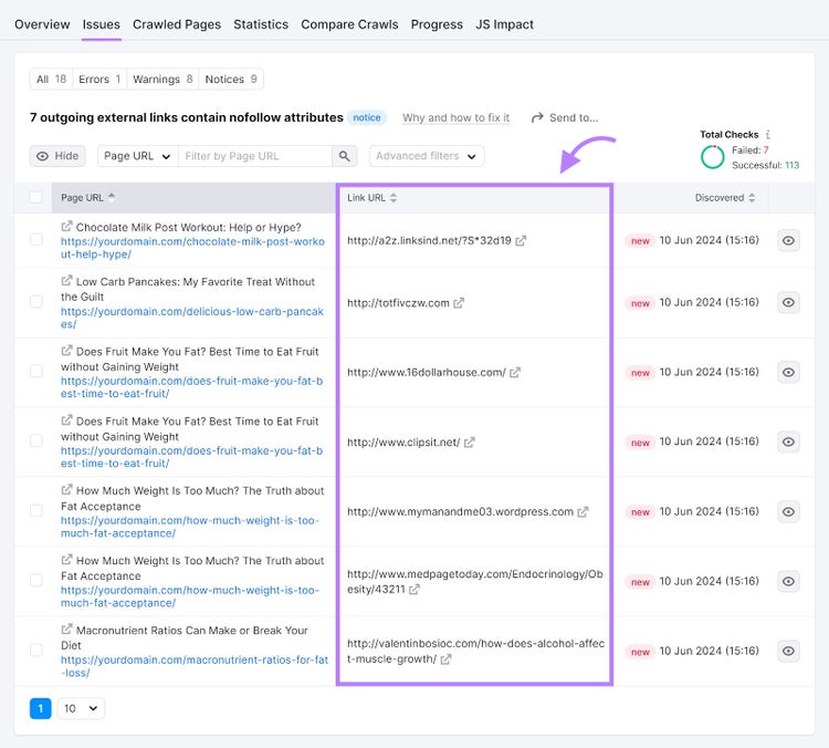 Site Audit tool "7 outgoing external links contain nofollow attributes" page with the "Link URL" column highlighted