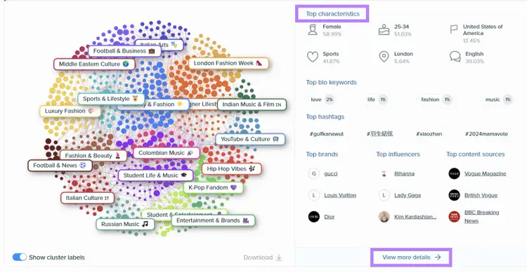 Bubble cluster visualization showing audience segments: Football & Business, Sports & Lifestyle, Fashion Week