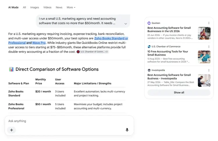 Google AI Mode recommends Zoho Books and Wave for a U.S. marketing agency, with a comparison table and cited sources