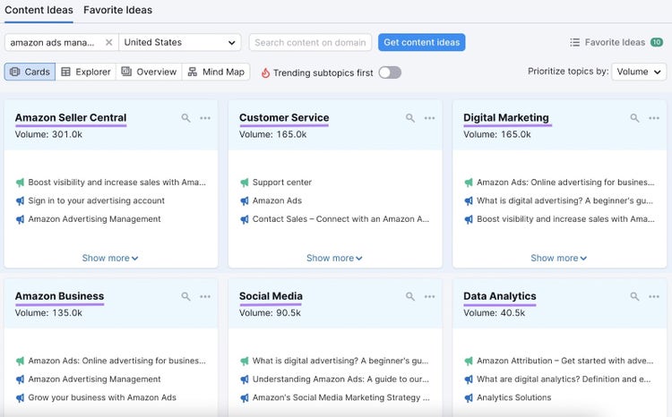 "amazon seller central," "customer service," "digital marketing" and other topics found in Topic Research tool