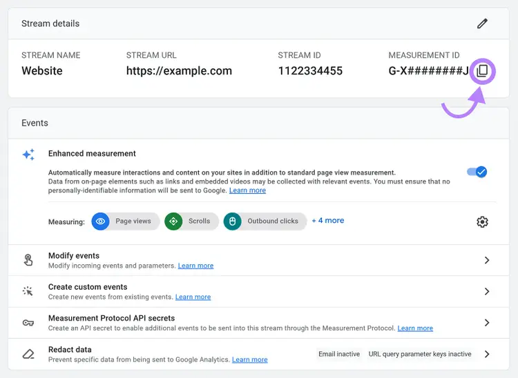 GA4 web stream details with the Measurement ID copy icon highlighted