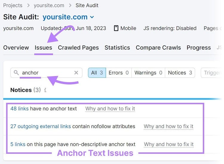 anchor text issues in “Issues” tab