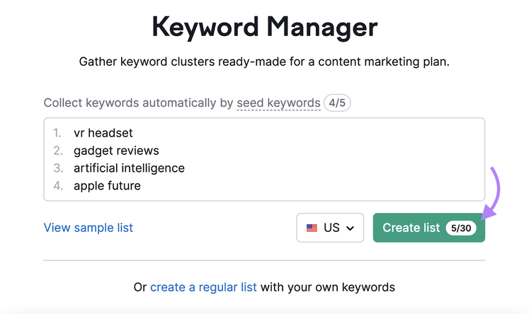 keywords like vr headset, gadget review, and artificial intelligence entered into keyword manager tool
