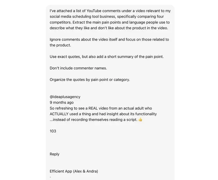 A prompt on ChatGPT to analyze YouTube comments from a competitor's video to extract the main pain points and language used by viewers.