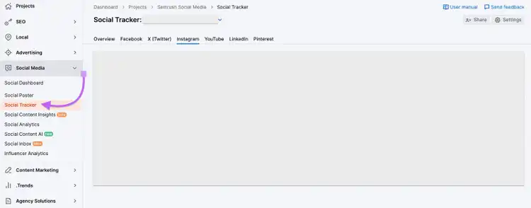 Semrush Social Tracker showing overview with various social platform tabs