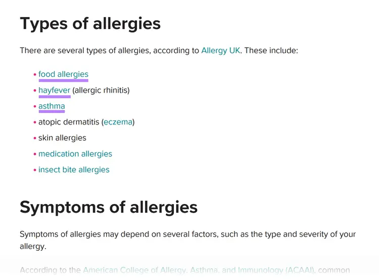 Healthline allergies article with internal links to related pages about food allergies, hay fever, and asthma
