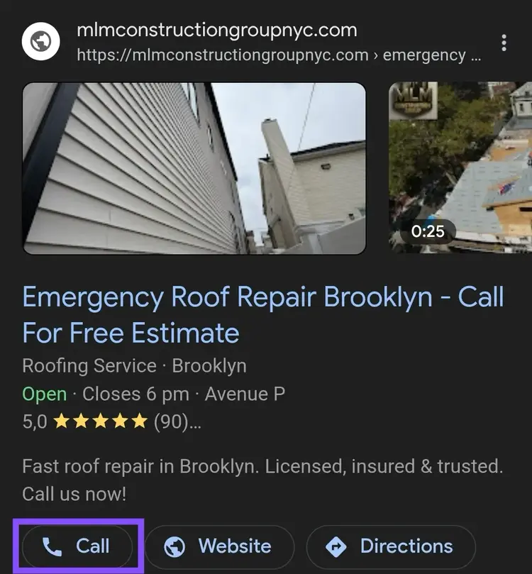 Google search ad for a Brooklyn Emergency Roof Repair company with a 'Call' button highlighted.
