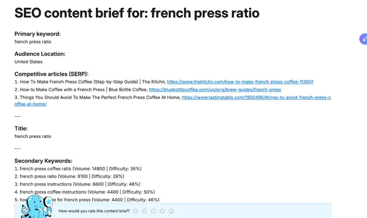 SEO content brief for 'french press ratio' showing primary keyword, audience, competitors, title