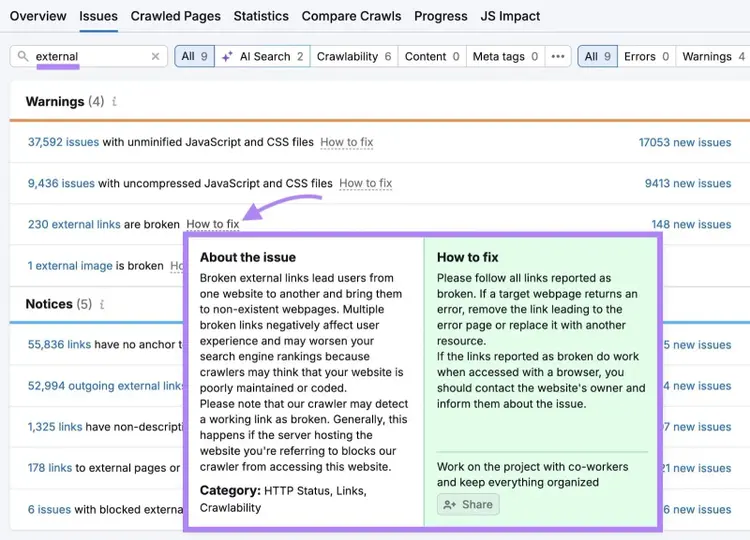 Site Audit Issues with "external" entered and "How to fix" clicked next to an issue showing more information about the issue and how to fix it.