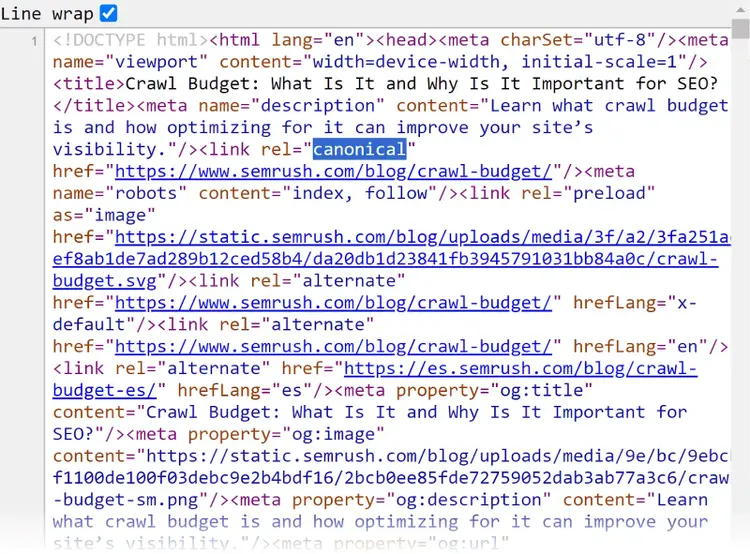 article HTML code with the <link rel="canonical"> tag highlighted