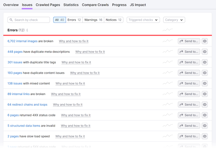 Issues tab showing list of errors