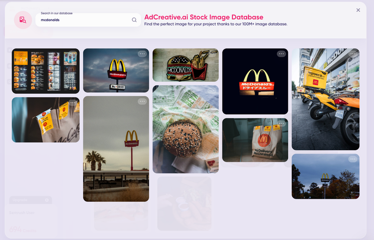 Stock image database displaying McDonald's themed images for ads