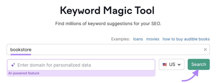 Keyword Magic Tool start page with "bookstore" entered as the seed keyword and the "Search" button clicked.