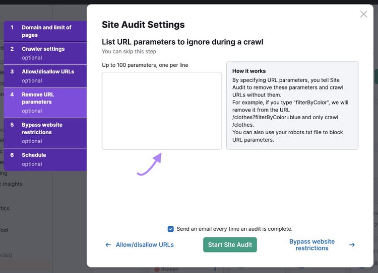Remove URL parameters settings page on Site Audit to list URL parameters to ignore during a crawl.