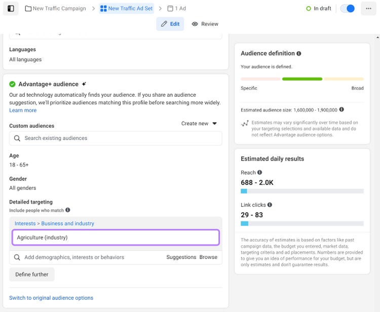 Facebook ad set creation platform showing the "Detailed Targeting" section with the "Agriculture (industry)" selected.