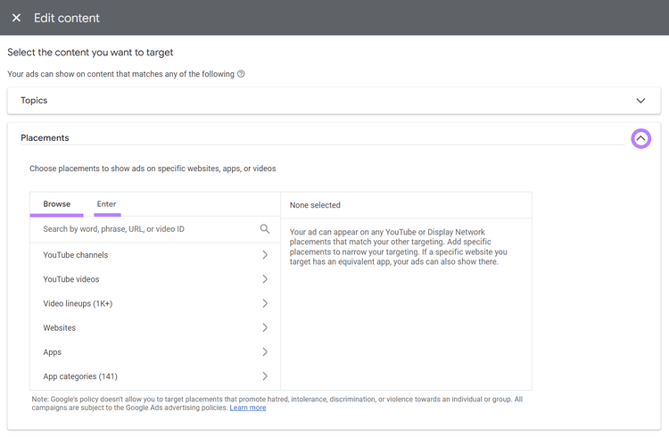 "Browse" and "Enter" tabs highlighted under "Edit content" window in Google Ads