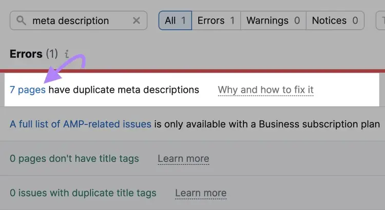 Site Audit error showing 7 pages have duplicate meta descriptions message