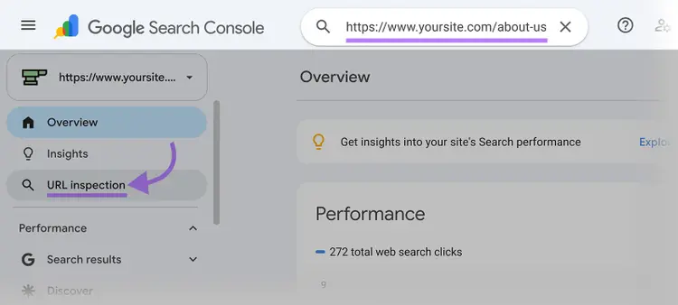 Google Search Console with URL Inspection highlighted and an example page URL entered in the inspection bar