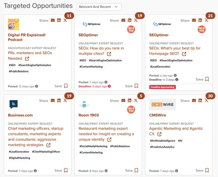Digital PR targeted opportunities lists publishers and their request for an expert.