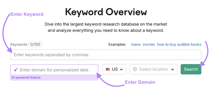keyword field and domain field highlighted