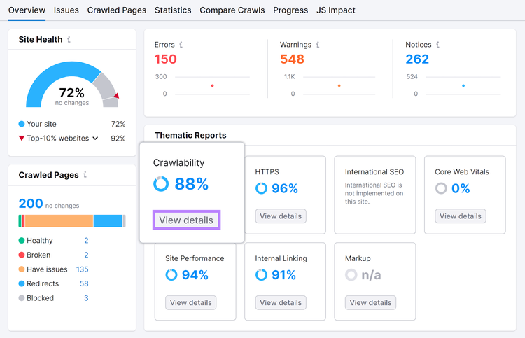 Site Audit Overview report with Crawlability section and View details button highlighted.
