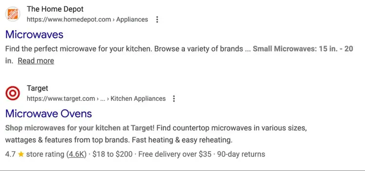 Google SERP for the term “small microwave under $200” showing a simple blue link result and a rich result with a rating, price, and delivery options.