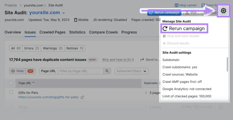 highlighted gear icon in the upper-right corner, showing a dropdown menu with an option to rerun the campaign