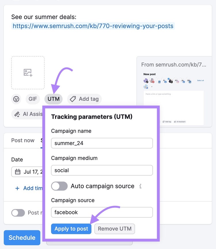 "UTM" dropdown opened, parameters set, and "Apply to post" clicked on Social Poster