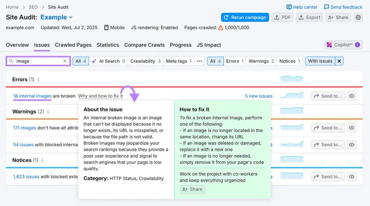 Site Audit report listing broken internal images and missing alt text issues