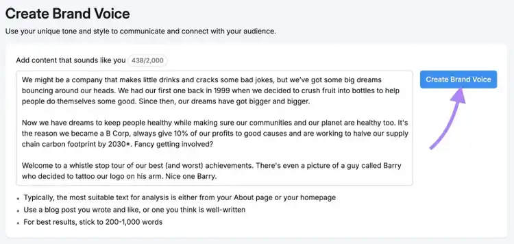 Create brand voice page on ContentShake AI with content from the 'about us' page added and "Create Brand Voice" clicked.