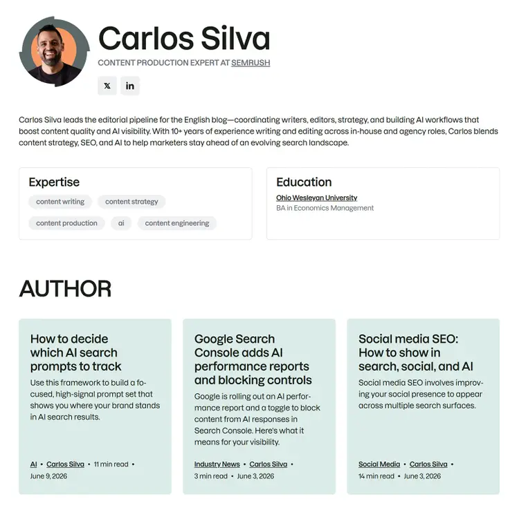 Semrush author bio page for Carlos Silva with expertise, education, and article links
