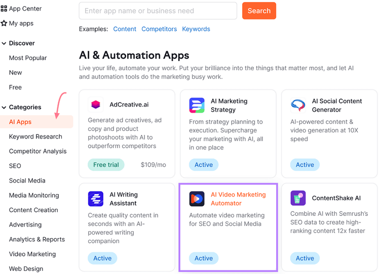 AI & Automation Apps section in the App Center with "AI Video Marketing Automator" highlighted in a purple box.
