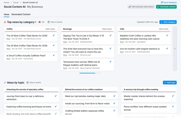 Semrush Social Content AI dashboard showing AI-generated social post ideas grouped by category.