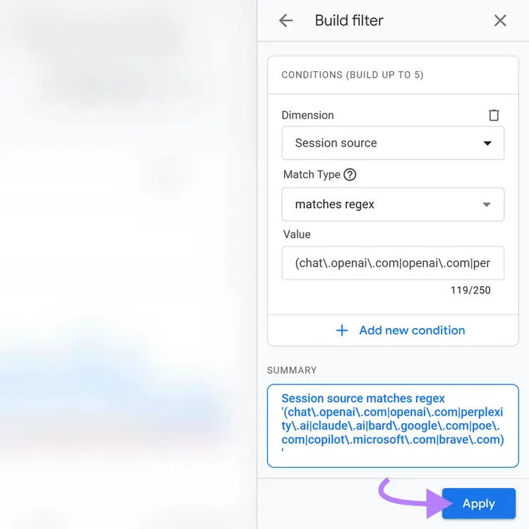 Build filter panel with session source regex entered along with the "Apply" button highlighted.