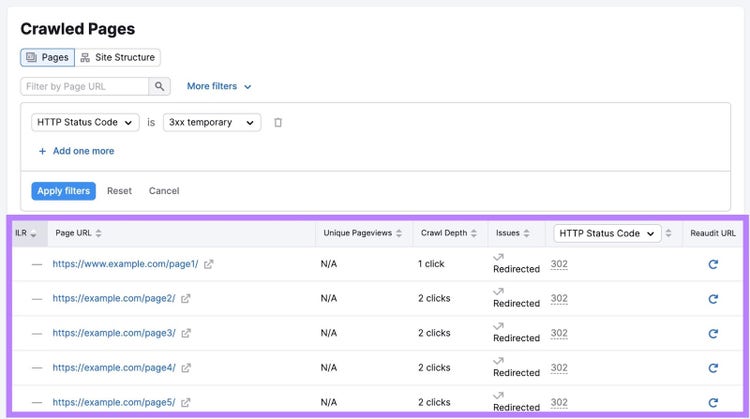 Crawled pages on Site Audit showing information like unique pageviews, crawl depth, issues, HTTP code, etc. for each page.