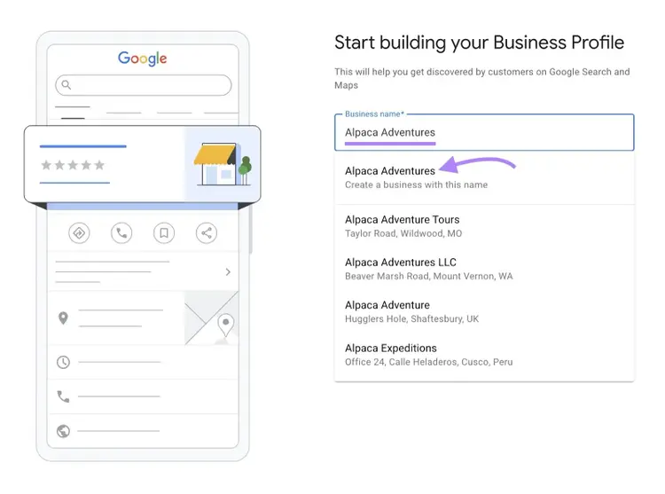A business name entered on the GBP setup page and selected from the dropdown below.