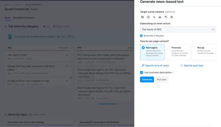 Semrush Social Content AI tool panel for generating news-based social media posts