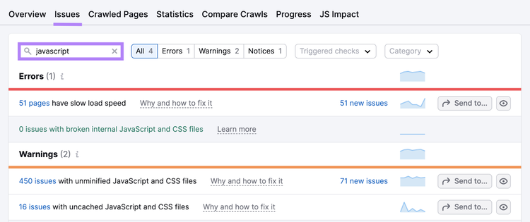 site audit shows javascript issues such as slow load speed, broken internal JavaScript and CSS files, and unminified files.